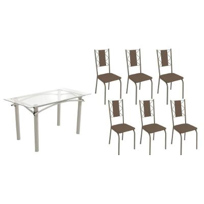Sala De Jantar Completa Elba C/ Tampo De Vidro 150cm E 6 Cadeiras Lisboa Niquel - Courano Marrom - Kappesberg