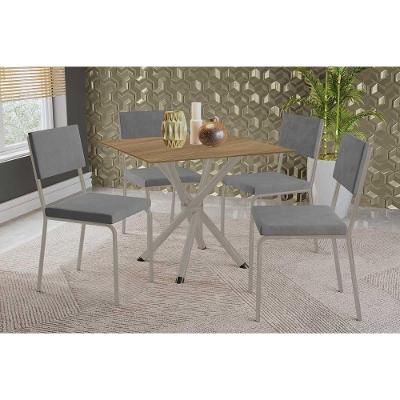 Sala De Jantar Completa Volga C/ Tampo De Madeira 90cm E 4 Cadeiras Zaria Niquel/nogueira - Suede Cinza - Kappesberg