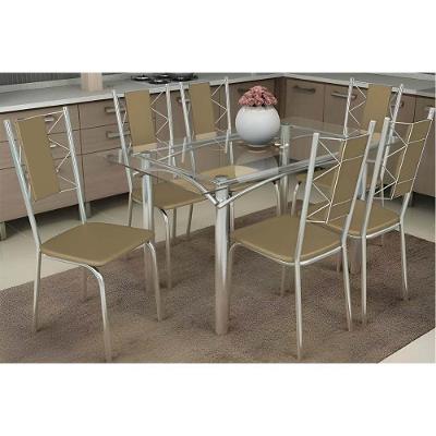 Sala De Jantar Completa Elba C/ Tampo De Vidro 120cm E 6 Cadeiras Lisboa Cromada - Courano Capuccino - Kappesberg