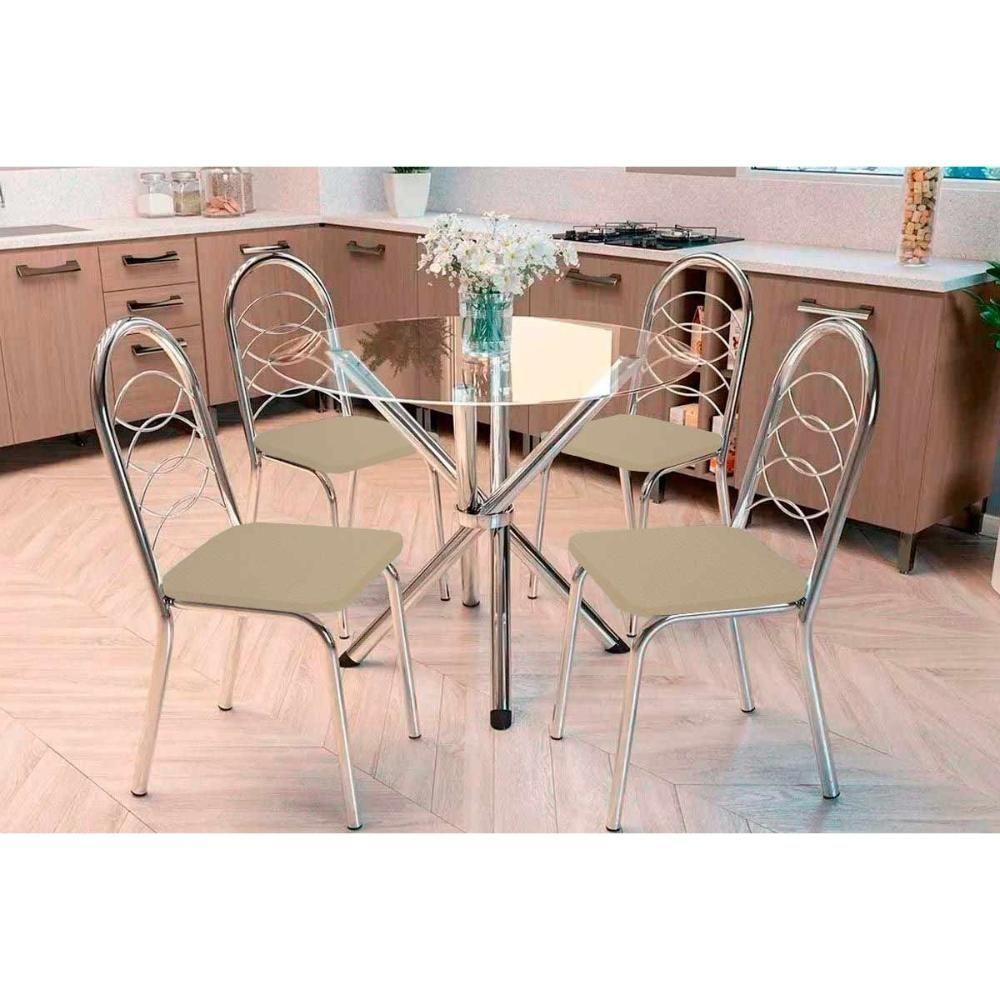 Sala De Jantar Completa Volga C/ Tampo De Vidro 95cm E 4 Cadeiras Holanda Cromada - Courano Bege - Kappesberg - 1