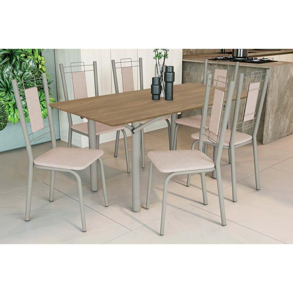 Sala De Jantar Completa Elba C/ Tampo De Madeira 160cm E 6 Cadeiras Florença Niquel/nogueira - Courano Bege - Kappesberg - 1