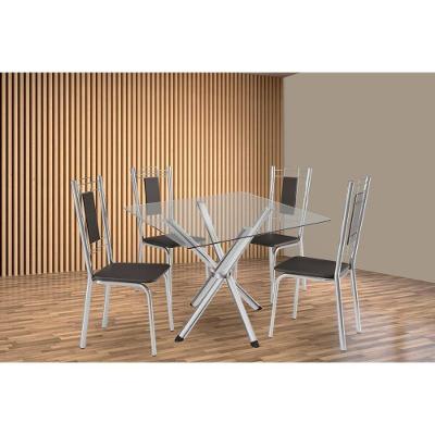 Sala De Jantar Completa Volga C/ Tampo De Vidro 90cm E 4 Cadeiras Florença Cromada - Courano Preto - Kappesberg