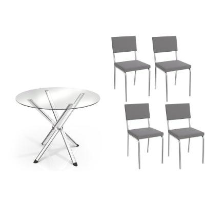 Sala De Jantar Completa Volga C/ Tampo De Vidro 95cm E 4 Cadeiras Zaria Cromada - Suede Cinza - Kappesberg