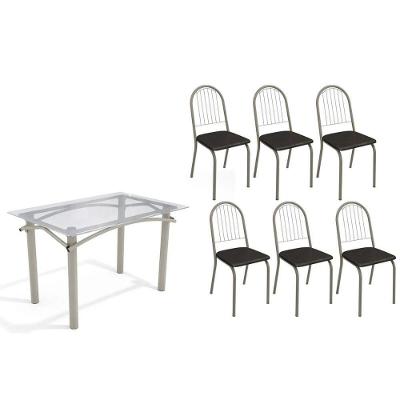 Sala De Jantar Completa Elba C/ Tampo De Vidro 120cm E 6 Cadeiras Noruega Niquel - Courano Preto - Kappesberg