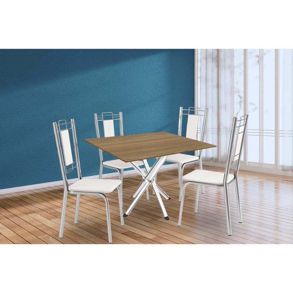 Sala De Jantar Completa Volga C/ Tampo De Madeira 90cm E 4 Cadeiras Lisboa Cromado/nogueira - Branco - Kappesberg - 1