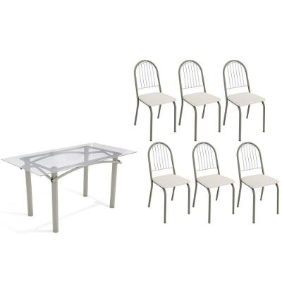 Sala De Jantar Completa Elba C/ Tampo De Vidro 150cm E 6 Cadeiras Noruega Niquel - Courano Branco - Kappesberg