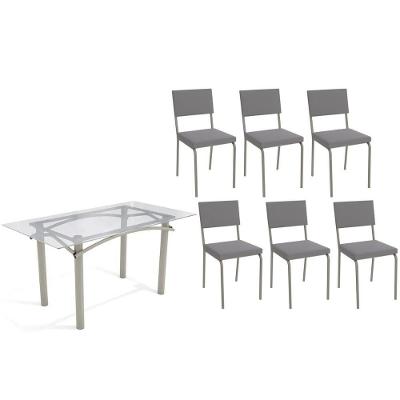 Sala De Jantar Completa Elba C/ Tampo De Vidro 150cm E 6 Cadeiras Zaria Niquel - Suede Cinza - Kappesberg