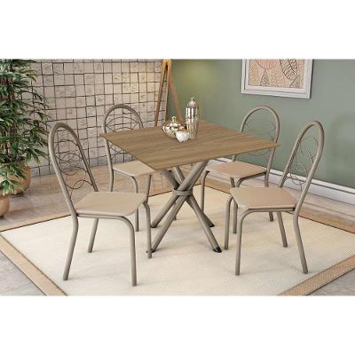 Sala De Jantar Completa Volga C/ Tampo De Madeira 90cm E 4 Cadeiras Holanda Niquel/nogueira - Bege - Kappesberg