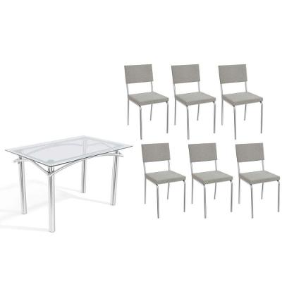 Sala De Jantar Completa Elba C/ Tampo De Vidro 120cm E 6 Cadeiras Zaria Cromada - Boucle Cinza - Kappesberg
