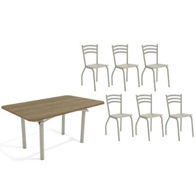Sala De Jantar Completa Elba C/ Tampo De Madeira 160cm E 6 Cadeiras Portugal Niquel/nogueira - Courano Bege - Kappesberg