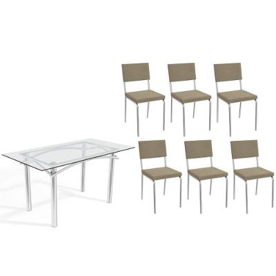 Sala De Jantar Completa Elba C/ Tampo De Vidro 150cm E 6 Cadeiras Zaria Cromada - Boucle Bege - Kappesberg