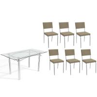 Sala De Jantar Completa Elba C/ Tampo De Vidro 150cm E 6 Cadeiras Zaria Cromada - Boucle Bege - Kappesberg - 1