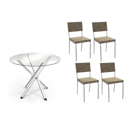 Sala De Jantar Completa Volga C/ Tampo De Vidro 95cm E 4 Cadeiras Zaria Cromada - Suede Bege - Kappesberg