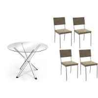 Sala De Jantar Completa Volga C/ Tampo De Vidro 95cm E 4 Cadeiras Zaria Cromada - Suede Bege - Kappesberg - 1