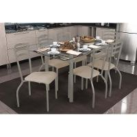 Sala De Jantar Completa Elba C/ Tampo De Vidro 150cm E 6 Cadeiras Portugal Niquel - Courano Bege - Kappesberg - 1