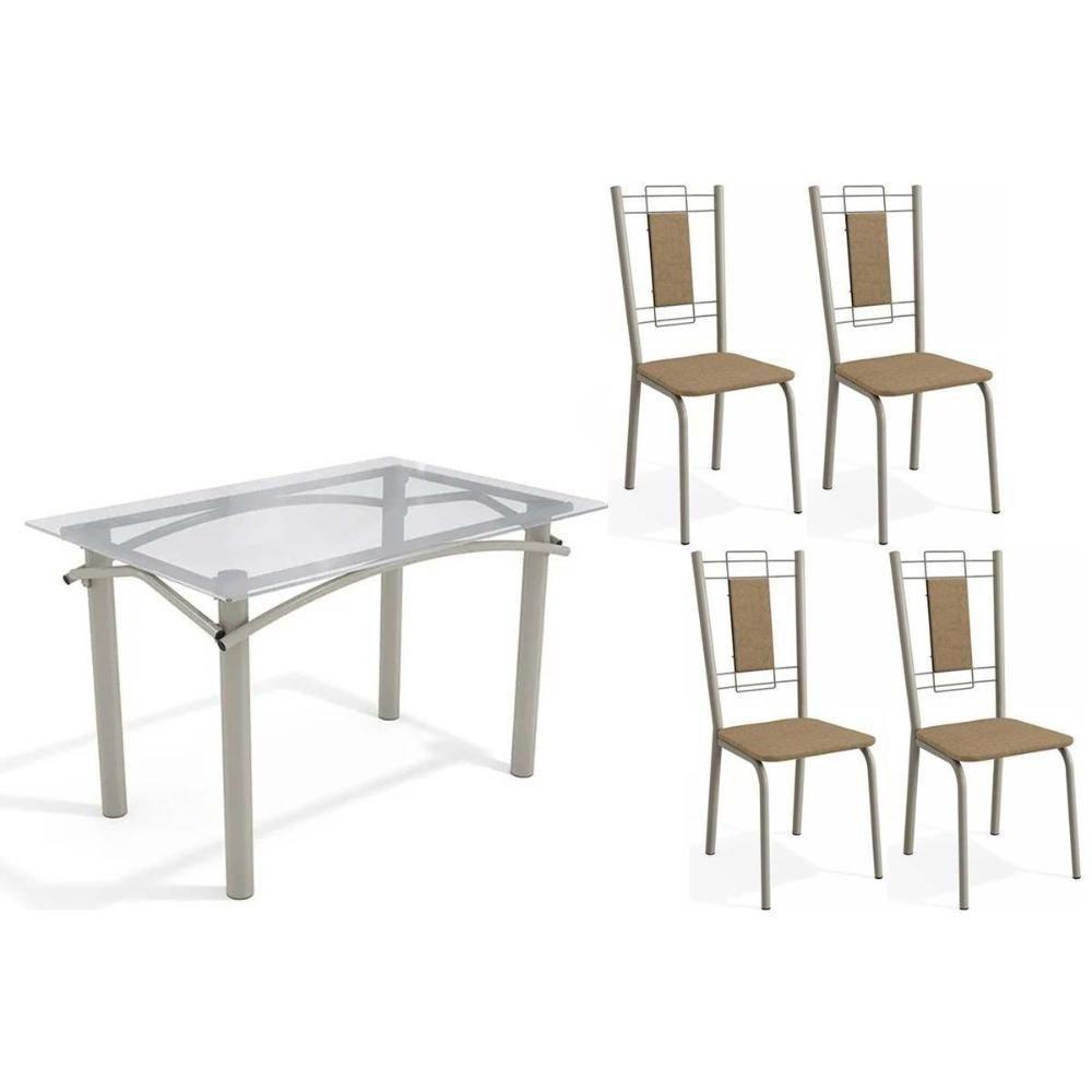 Sala De Jantar Completa Elba C/ Tampo De Vidro 120cm E 4 Cadeiras Florença Niquel - Courano Capuccino - Kappesberg - 1