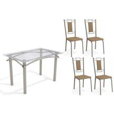 Sala De Jantar Completa Elba C/ Tampo De Vidro 120cm E 4 Cadeiras Florença Niquel - Courano Capuccino - Kappesberg