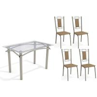 Sala De Jantar Completa Elba C/ Tampo De Vidro 120cm E 4 Cadeiras Florença Niquel - Courano Capuccino - Kappesberg - 1