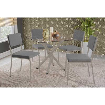 Sala De Jantar Completa Volga C/ Tampo De Vidro 90cm E 4 Cadeiras Zaria Niquel - Suede Cinza - Kappesberg