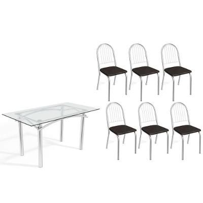Sala De Jantar Completa Elba C/ Tampo De Vidro 150cm E 6 Cadeiras Noruega Cromada - Courano Preto - Kappesberg