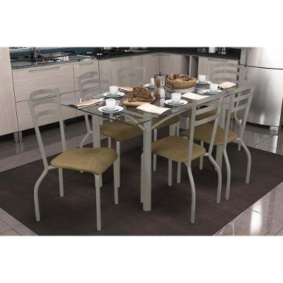Sala De Jantar Completa Elba C/ Tampo De Vidro 150cm E 6 Cadeiras Portugal Niquel - Courano Capuccino - Kappesberg
