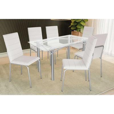 Sala De Jantar Completa Elba C/ Tampo De Vidro 150cm E 6 Cadeiras Amsterdã Cromada - Courano Branco - Kappesberg