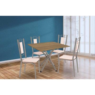Sala De Jantar Completa Volga C/ Tampo De Madeira 90cm E 4 Cadeiras Florença Niquel/nogueira - Bege - Kappesberg