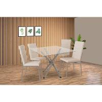 Sala De Jantar Completa Volga C/ Tampo De Vidro 90cm E 4 Cadeiras Amsterdã Niquel - Courano Bege - Kappesberg - 1