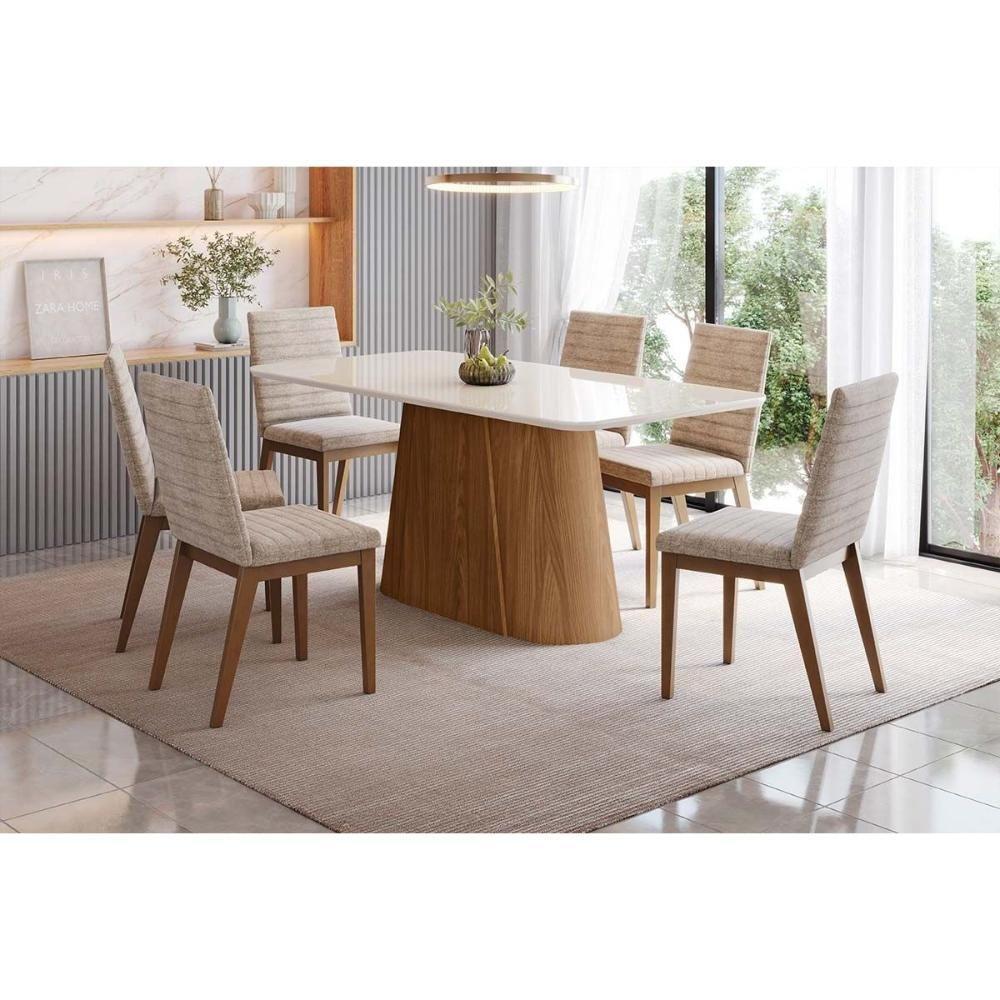 Mesa De Sala Jantar Olivia Sc116 C/ Tampo Madeirado C/ Vidro Curvo 160x90cm Nature/off White - Henn - 5
