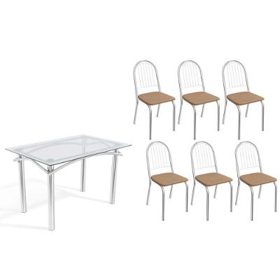 Sala De Jantar Completa Elba C/ Tampo De Vidro 120cm E 6 Cadeiras Noruega Cromada - Courano Capuccino - Kappesberg