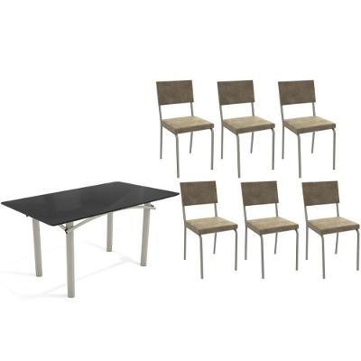 Sala De Jantar Completa Elba Tampo Madeirado C/ Vidro 160cm E 6 Cadeiras Zaria Niquel/preto - Suede Bege - Kappesberg
