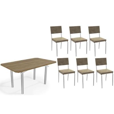 Sala De Jantar Completa Elba C/ Tampo De Madeira 160cm E 6 Cadeiras Zaria Cromada/nogueira - Suede Bege - Kappesberg