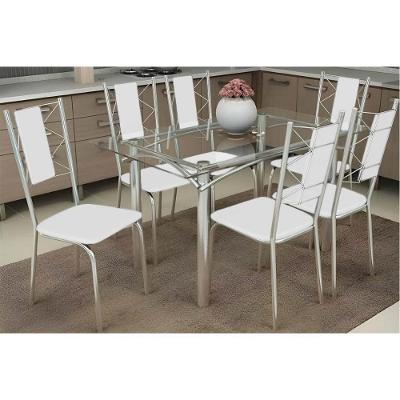 Sala De Jantar Completa Elba C/ Tampo De Vidro 120cm E 6 Cadeiras Lisboa Cromada - Courano Branco - Kappesberg