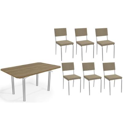 Sala De Jantar Completa Elba C/ Tampo De Madeira 160cm E 6 Cadeiras Zaria Cromada/nogueira - Boucle Bege - Kappesberg