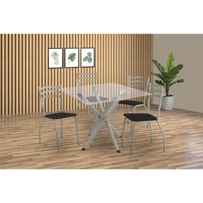 Sala De Jantar Completa Volga C/ Tampo De Vidro 90cm E 4 Cadeiras Portugal Niquel - Courano Preto - Kappesberg