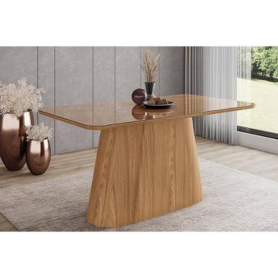Mesa De Sala Jantar Olivia Sc117 C/ Tampo Madeirado C/ Vidro Curvo 160x90cm Nature - Henn