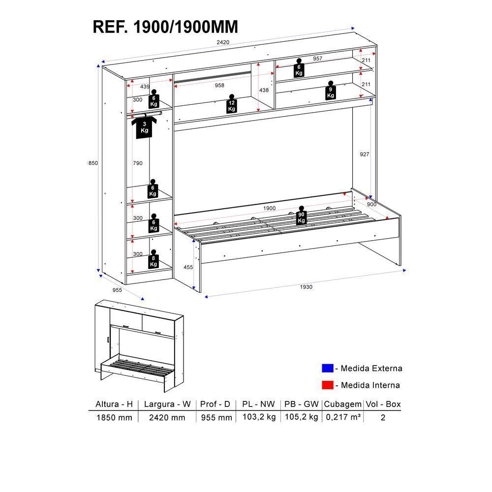 Roupeiro com Cama Multimóveis para Colchão 190x90cm Branca - 4