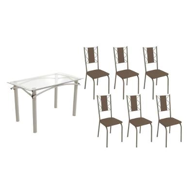 Sala De Jantar Completa Elba C/ Tampo De Vidro 120cm E 6 Cadeiras Lisboa Niquel - Courano Marrom - Kappesberg