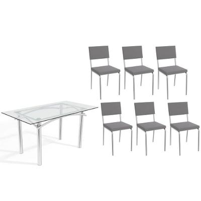 Sala De Jantar Completa Elba C/ Tampo De Vidro 150cm E 6 Cadeiras Zaria Cromada - Suede Cinza - Kappesberg