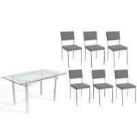 Sala De Jantar Completa Elba C/ Tampo De Vidro 150cm E 6 Cadeiras Zaria Cromada - Suede Cinza - Kappesberg - 1