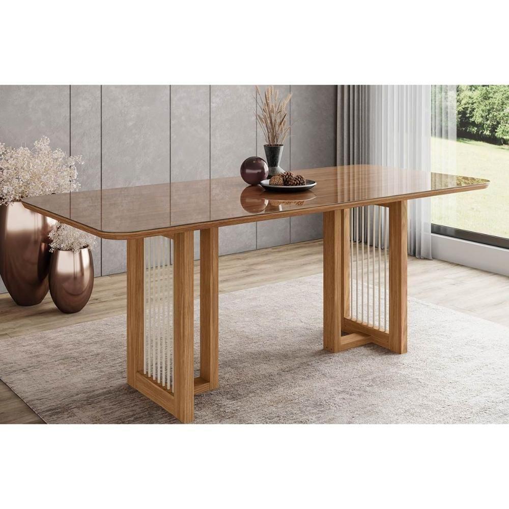 Mesa De Sala Jantar Yara Sc77 C/ Tampo Madeirado C/ Vidro Curvo 200x90cm Nature - Henn - 1