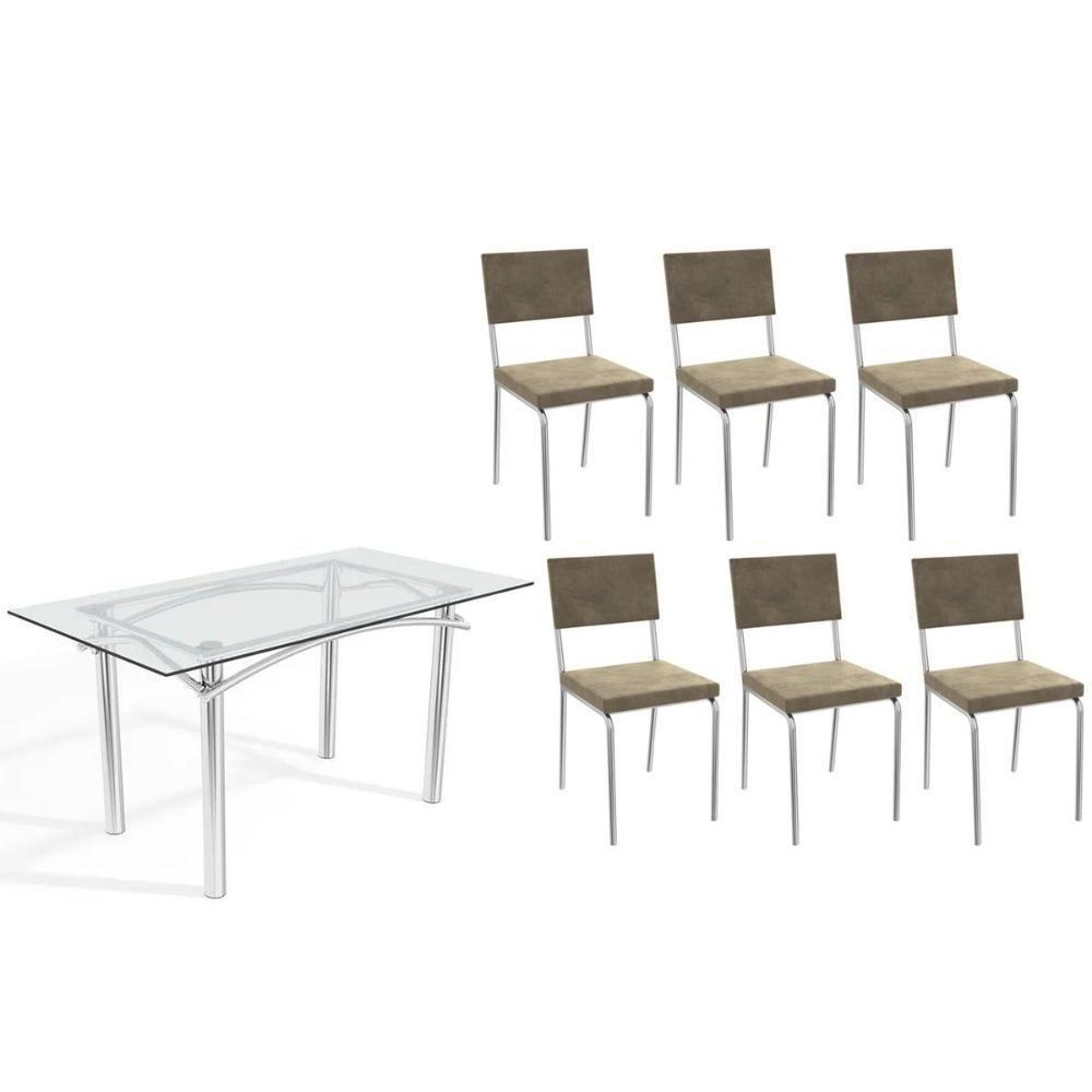 Sala De Jantar Completa Elba C/ Tampo De Vidro 150cm E 6 Cadeiras Zaria Cromada - Suede Bege - Kappesberg - 1