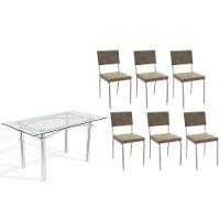 Sala De Jantar Completa Elba C/ Tampo De Vidro 150cm E 6 Cadeiras Zaria Cromada - Suede Bege - Kappesberg - 1