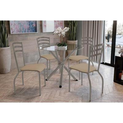 Sala De Jantar Completa Volga C/ Tampo De Vidro 95cm E 4 Cadeiras Portugal Niquel - Courano Capuccino - Kappesberg