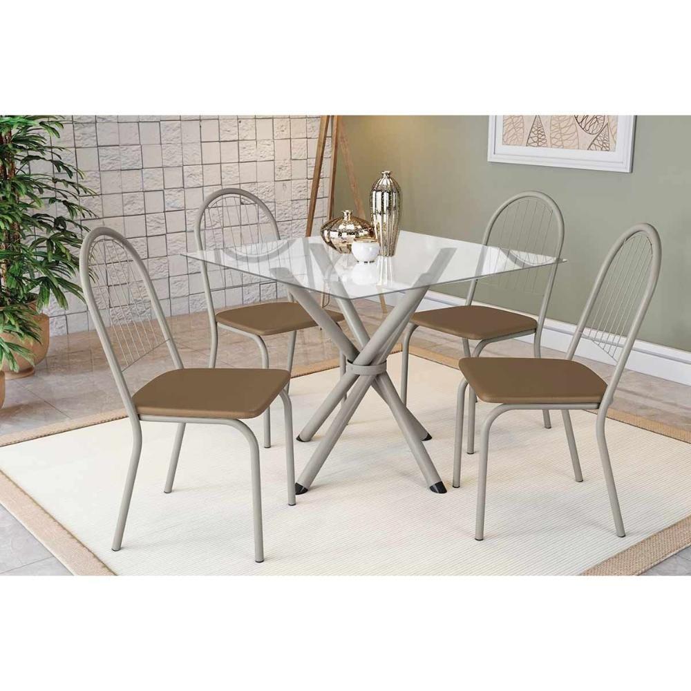 Sala De Jantar Completa Volga C/ Tampo De Vidro 90cm E 4 Cadeiras Noruega Niquel - Courano Capuccino - Kappesberg - 1