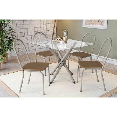 Sala De Jantar Completa Volga C/ Tampo De Vidro 90cm E 4 Cadeiras Noruega Niquel - Courano Capuccino - Kappesberg
