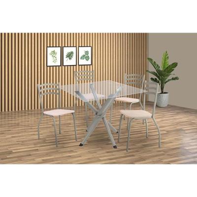 Sala De Jantar Completa Volga C/ Tampo De Vidro 90cm E 4 Cadeiras Portugal Niquel - Courano Bege - Kappesberg