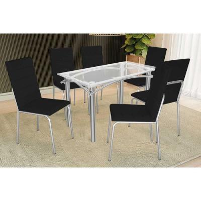Sala De Jantar Completa Elba C/ Tampo De Vidro 120cm E 6 Cadeiras Amsterdã Cromada - Courano Preto - Kappesberg