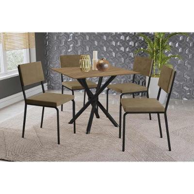 Sala De Jantar Completa Volga C/ Tampo De Madeira 90cm E 4 Cadeiras Zaria Preto/nogueira - Suede Bege - Kappesberg