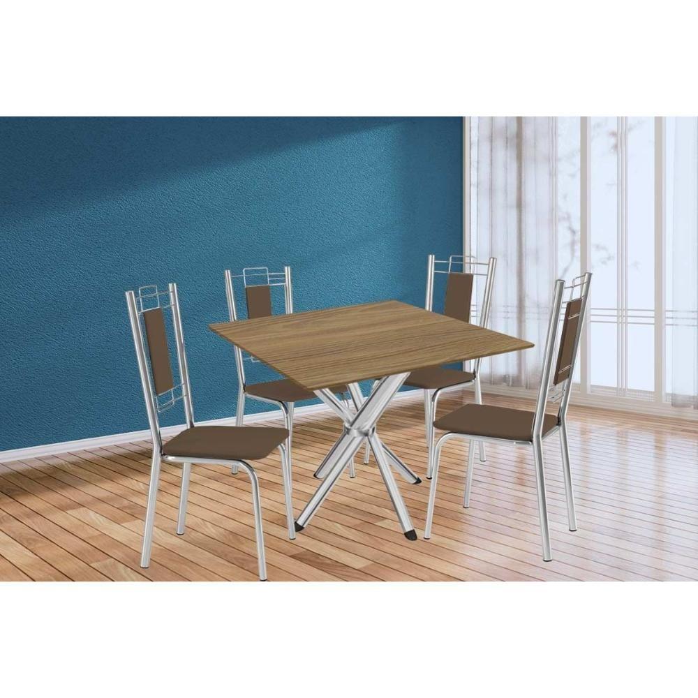 Sala De Jantar Completa Volga C/ Tampo De Madeira 90cm E 4 Cadeiras Florença Cromado/nogueira - Marrom - Kappesberg - 1